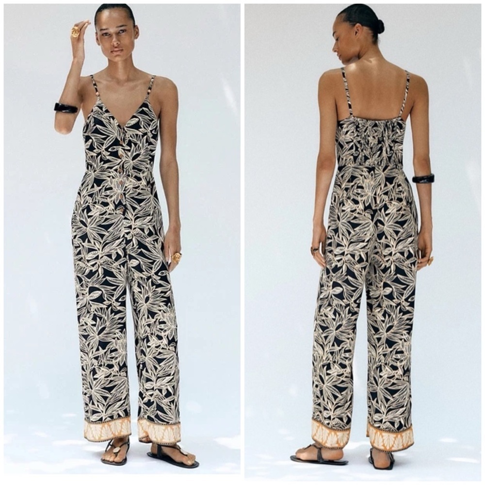 Zara Black Tropical Floral Black Lotus Vibes Sleeveless Jumpsuit Linen Sz M